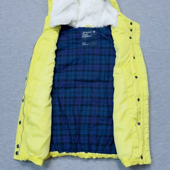 American Eagle Womens Yellow Puffer Vest Faux Fur Hooded Zip Pockets Size Small - Picture 7 of 16
